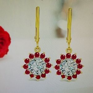 14K Yellow Gold Moissanite and Ruby Earrings - NEW